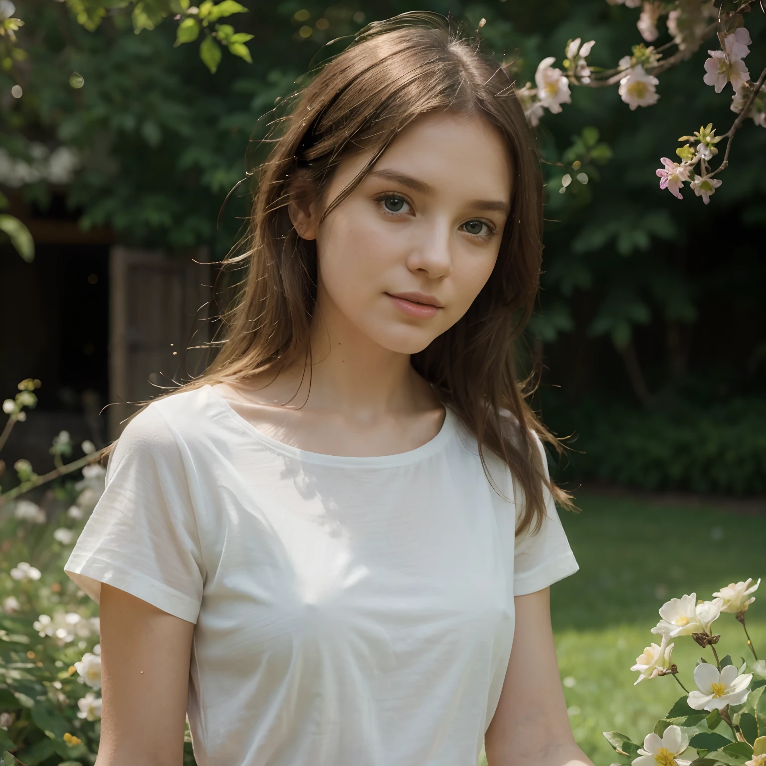 (best quality,4k,8k,highres,masterpiece:1.2),ultra-detailed,(realistic,photorealistic,photo-realistic:1.37),beautiful girl,white t-shirt,wavy brown hair,sparkling blue eyes,long eyelashes,sweet smile,rosy cheeks,graceful pose,natural sunlight,vibrant colors,soft shadows,green garden background,flowers in bloom,butterflies fluttering in the air,gentle breeze,tender atmosphere,warm sunlight caresses the girl's face,vivid colors of flowers contrast with the girl's white t-shirt,serene and peaceful ambiance,meticulous attention to detail,finely textured t-shirt,fine brush strokes,painterly style,realistic rendering,subtle highlights and shadows,natural expressions and gestures,quiet and contemplative mood,poetic and dreamlike quality,masterful composition,vibrant hues of green and pink,soft and natural lighting,gentle warmth,delicate and ethereal atmosphere,emotionally resonant image,magical and enchanting scene