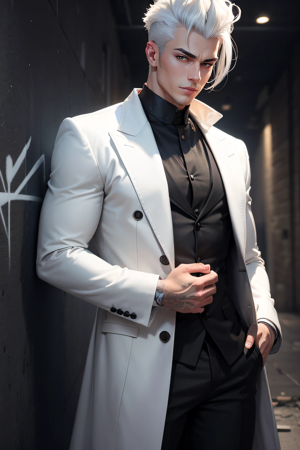 a handsome guy with a pompadour hair from anime, smile, clean shave, white hair, wearing a black plain loose long coat, blindfolded, modern black outfit, very handsome, standing pose, detailed face, detailed masculine body, (reality: 1.4), (A hyper-realistic), (high resolution), (8K), (highly detailed), ( Best Illustration), (detailed eyes), (ultra-detailliert), Bright lighting, Professional Lighting, The background is dirty wall with graffiti., floating lighting around.,