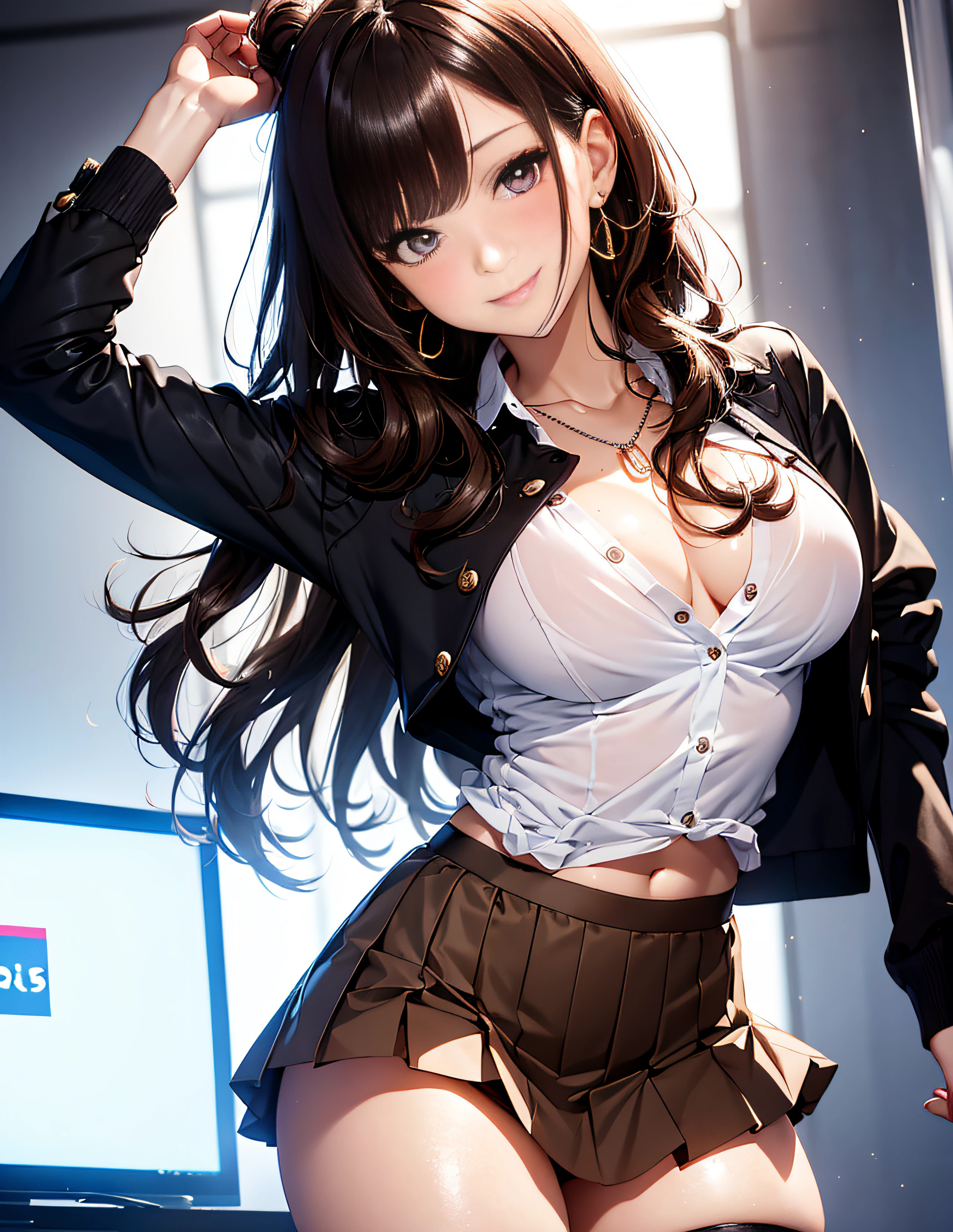 (masutepiece: 1.3), (max resolution: 1.2), (Ultra HDTV: 1.2), cinematric light, Ultra HDTV, (Detailed eyes and skin), (detailed facial features), nffsw, 8K resolution, Sharp Focus、Puffy nipple、 Brown Eye、Double eyelids, Thin eyebrows, Glitter Eyeliner: 1.2, Natural cheeks, Glossy skin, Fair skin: 1.2, shiny little necklace and earrings, (Glossy lips: 1.4),
One-person viewpoint, Wearing a white shirt with buttons, Grape pleated skirt, knee high stockings、 (Gentle smile:1.2), (blush), a Innocent and cute girl, (Wavy Hair, dark brown hair, bangs flowing diagonally), Medium Long Hair, Puffy breasts)
((From below:1.3)), (Focus on legs), ((Very intimate relationships: 1.2)), (Large breasts:1.1), ((Stand in a seductive pose with your chest sticking out:1.3)),
(looking down at viewer:1.2)),