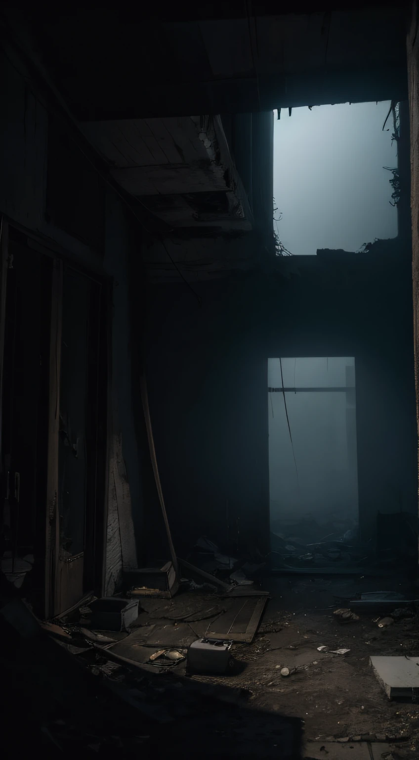old and creepy apartment、
foggy evening、creepy downcast people、
ruins、