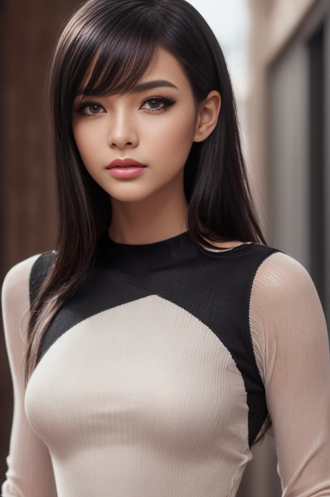 8k, RAW Photo, Photorealistic: 1.65), (Lip Gloss, Eyelashes, Glossy Face, Glossy Skin, Best Quality, Ultra High Resolution, Depth of Field, Chromatic Aberration, Caustics, Moisturized Lips, Ultra-Trimmed Face, Radiant Detailed Eyes, Black Hair, Semi-Long, Fashionable, Tight Knit Dress, Sheer dress