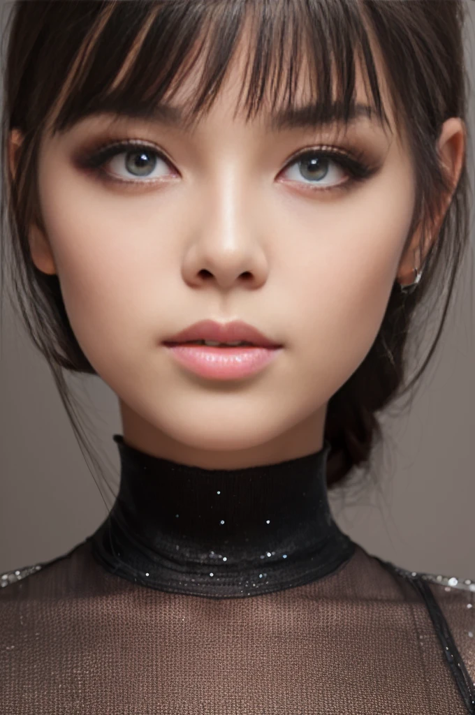 8k, RAW Photo, Photorealistic: 1.65), (Lip Gloss, Eyelashes, Glossy Face, Glossy Skin, Best Quality, Ultra High Resolution, Depth of Field, Chromatic Aberration, Caustics, Moisturized Lips, Ultra-Trimmed Face, Radiant Detailed Eyes, Black Hair, Semi-Long, Fashionable, Tight Knit Dress, Sheer dress