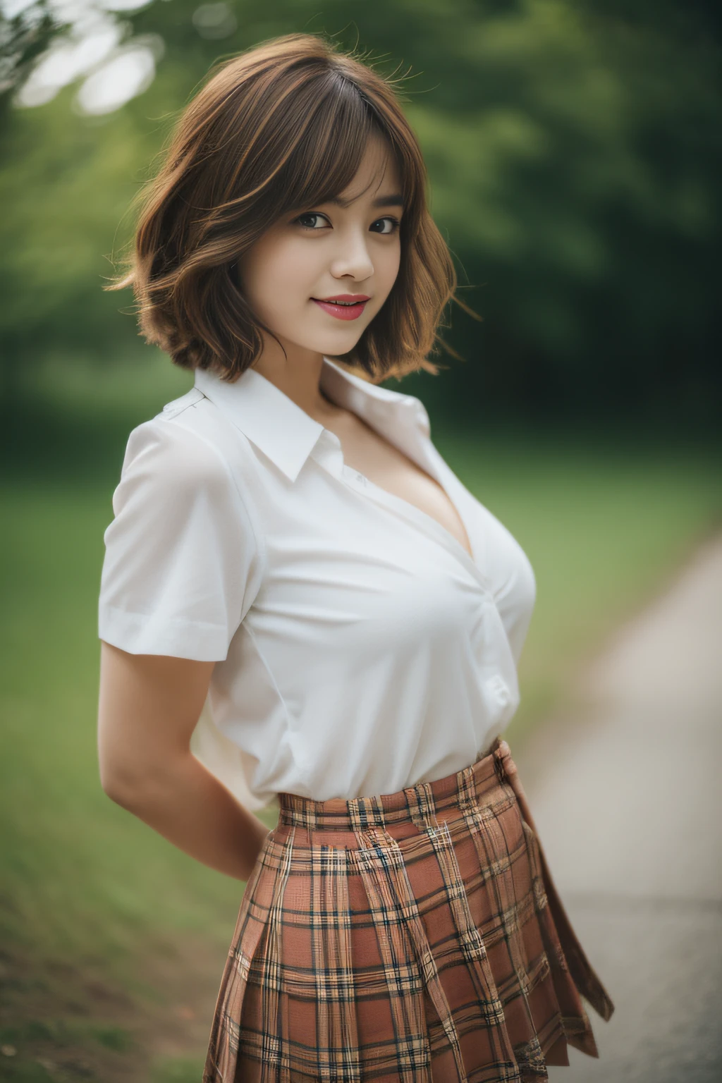 nsfw, 8K raw photo, Best quality, masterpiece, ultra high res, film grain, filmg, 1girl, looking at viewer, natural skin texture, realistic eye and face details, full lips, lipstick, (makeup), red eyeshadow, fluffy short hair, messy hair, smile, close mouth, beautiful legs, tall female, skinny, slim_legs, solo, enormous breast, cleavage, Pose with buttocks facing you, ultra short skirt, ass, shirt, beautiful nature location, around flower location, (detailed background), plaid skirt, white shirt, enormous breast, cleavage, Show a little cleavage through the shirt, loafers, blurry background, blurry, holding, plaid, short sleeves, jk ribbon on the neck, jk ribbon, brown hair, bracelet, water, bangs, school uniform, jewelry, parted lips, lips, from side, pleated skirt, depth of field