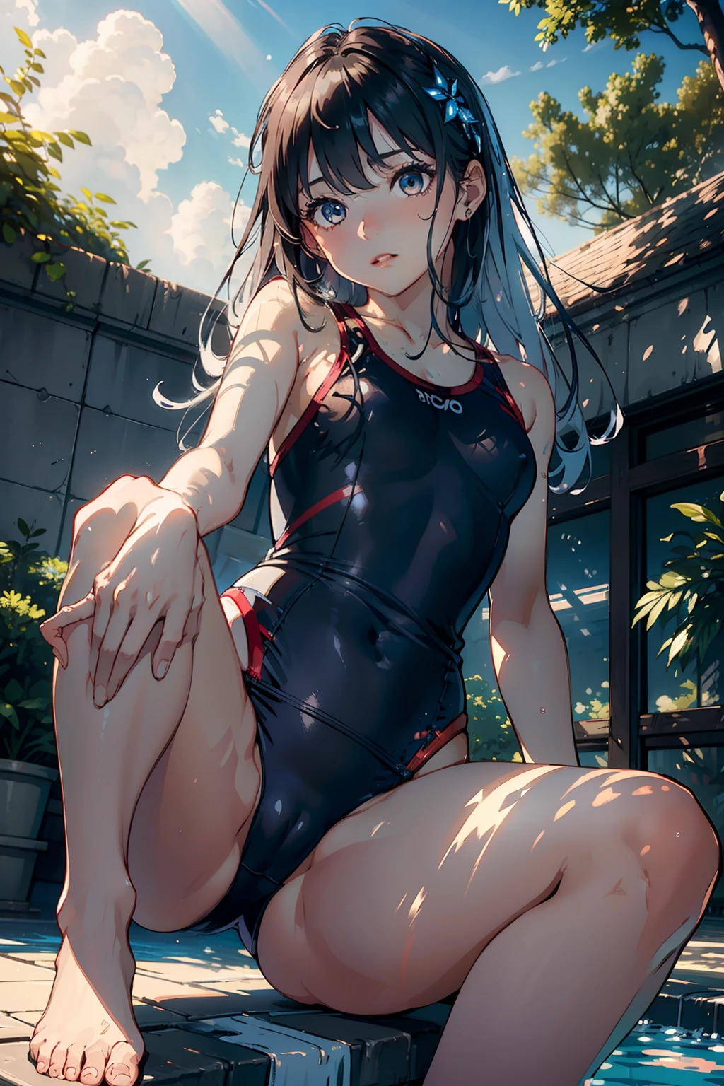 masterpiece, top-quality, Detailed details, Detailed landscapes, beatiful lights, Beautiful Shadows,girl with,18year old,((open one's legs)),(Stand on one knee),(scarface),detailed skin textures,long,Bunching hair,Silver hair ornament、A dark-haired、Red bright eyes、((School swim wear)),in poolside,sitting on,blue-sky、llight rays、High contrast,((Oblique view from below))