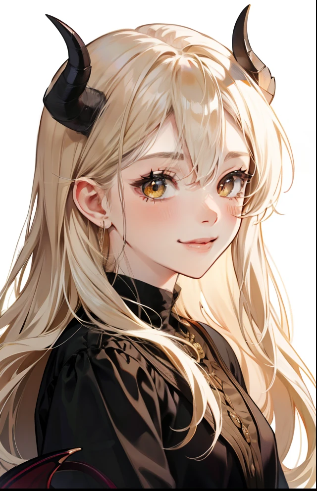 girl with、Background white、without background、ocher hair、Golden white hair、The long-haired、with blush cheeks、Horns、winged、Diabolical、Small devil、frilld、Smiling、kawaii、without background
