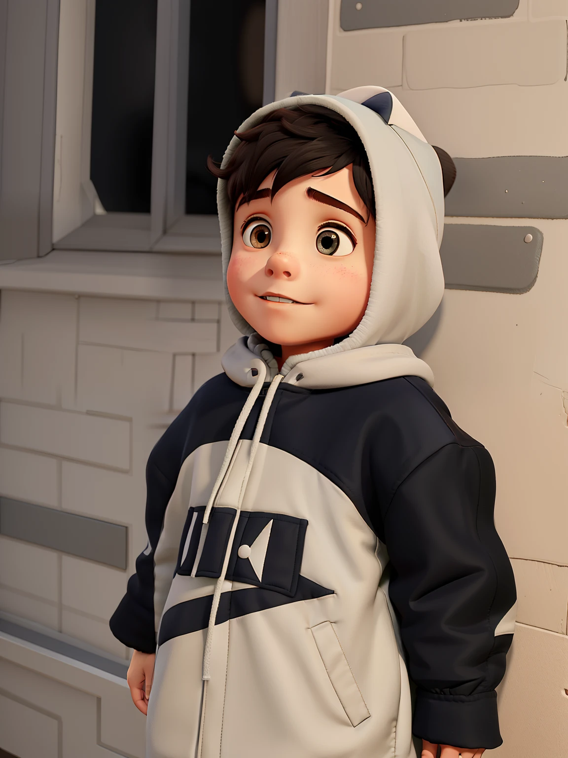 A  with a coat and hood on his head, encostado na parede perto da janela