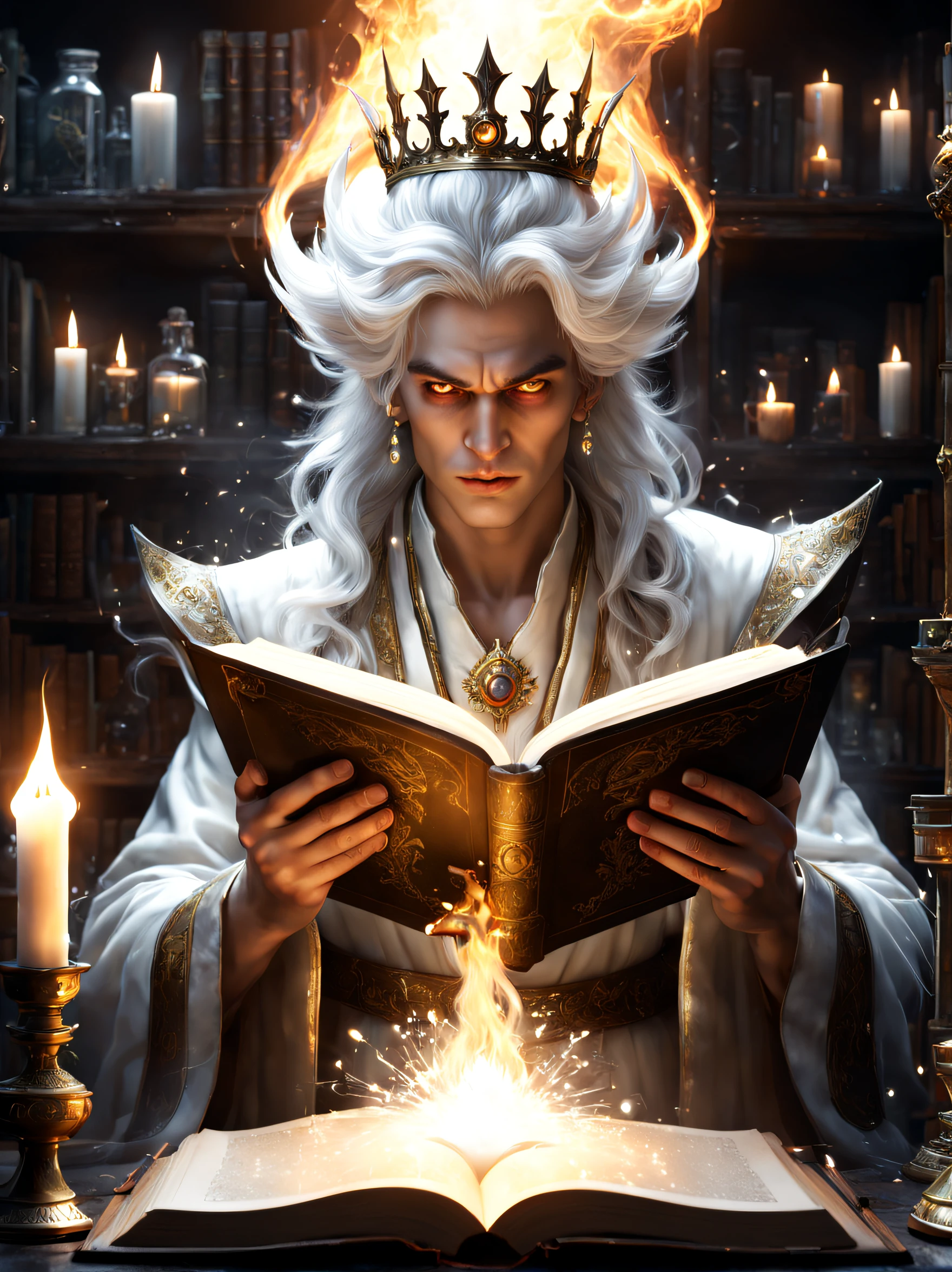 Unholy mage reading the big spellbook in his laboratory. Detailed white-flaming eyes, detailed face, insane, white-flaming hair, white-flaming tiara behind. Stunning composition, magic aura, white flames, white sparkles, apprentice, study, books, library, glass jars, perfume, aroma, bottles, chemistry paraphernalia, transmutation, gold, lead, sulphur, smoke, liquid, reflections, candles, Dynamic Lighting, realistic photo, UHD, 16K, Octane Render and Cinematic Lighting