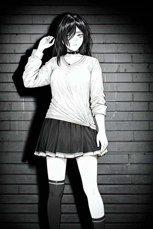 best quality, intricate details, lineart, monochrome,
1girl, long hair, black hair, messy hair, hair over one eye, sharp eyes,
choker, shirt, torn legwear, open jacket,
against wall, brick wall, graffiti, dim lighting, alley