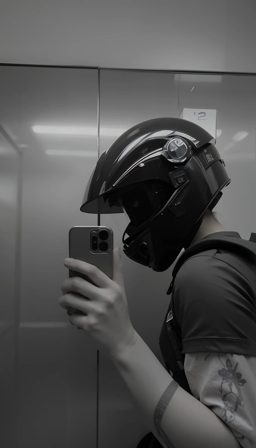 Homem de capacete tirando selfie em elevador, reflexo do telefone na viseira, viseira escura cobrindo o rosto, Reflexo do iPhone na viseira, Telefone!! held up to visor, viseira escura cobrindo a parte superior do rosto, reflection on helmet, capacete no rosto, usando capacete, usando capacete, galaxy reflected in helmet, capacete cyberpunk, segurando capacete, Helmet reflected from the galaxy