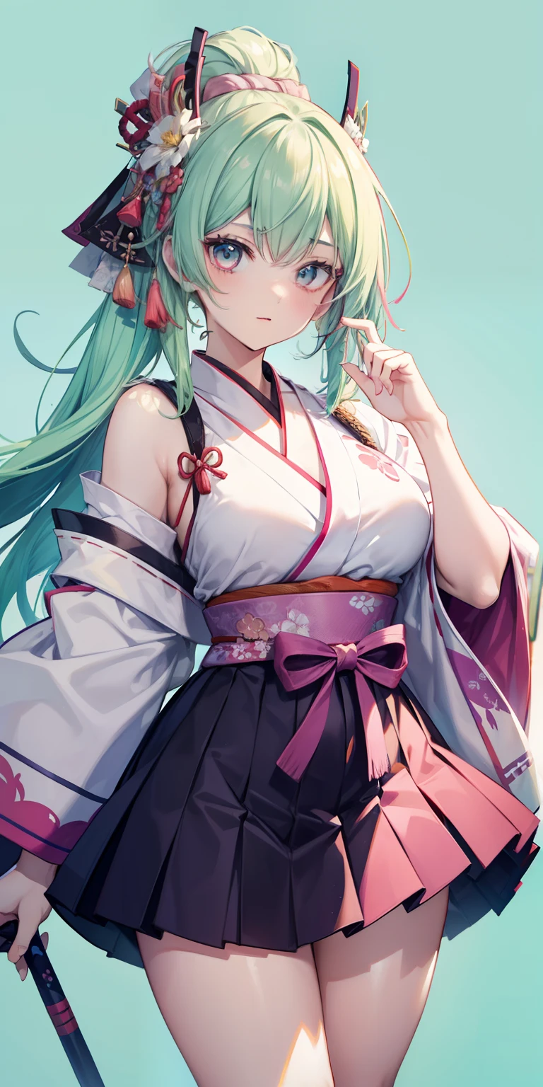 ((Best quality)), ((Masterpiece)), (Detailed), Samurai style, Kanrokuji Mitsumori character, 1 girl best quality, Portrait, Ultra detailed, Pretty face, Perfect anatomy, Soil, Pale skin, Huge pink-green hair , Perfect hair, bangs, Eyes, collofull eyes, Perfect outfit, Arms, Hands, Thick legs, upper legs, holding, Blue background, Fortnite,
信息