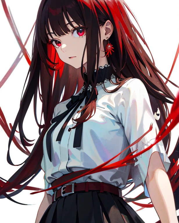 Best Quality,Highly detailed,masutepiece,Ultra-detailed,Solo,(Delicate eyes),(White background:1.3),Red Eyes,Standing,Belt skirt,[trench coat:20],Jewelry, Dark mole_under below_eye, up looking_で_peeping at the viewer, frilld_shairband,earrings，The background is a field of red spider lilies，Red Spider Lily，