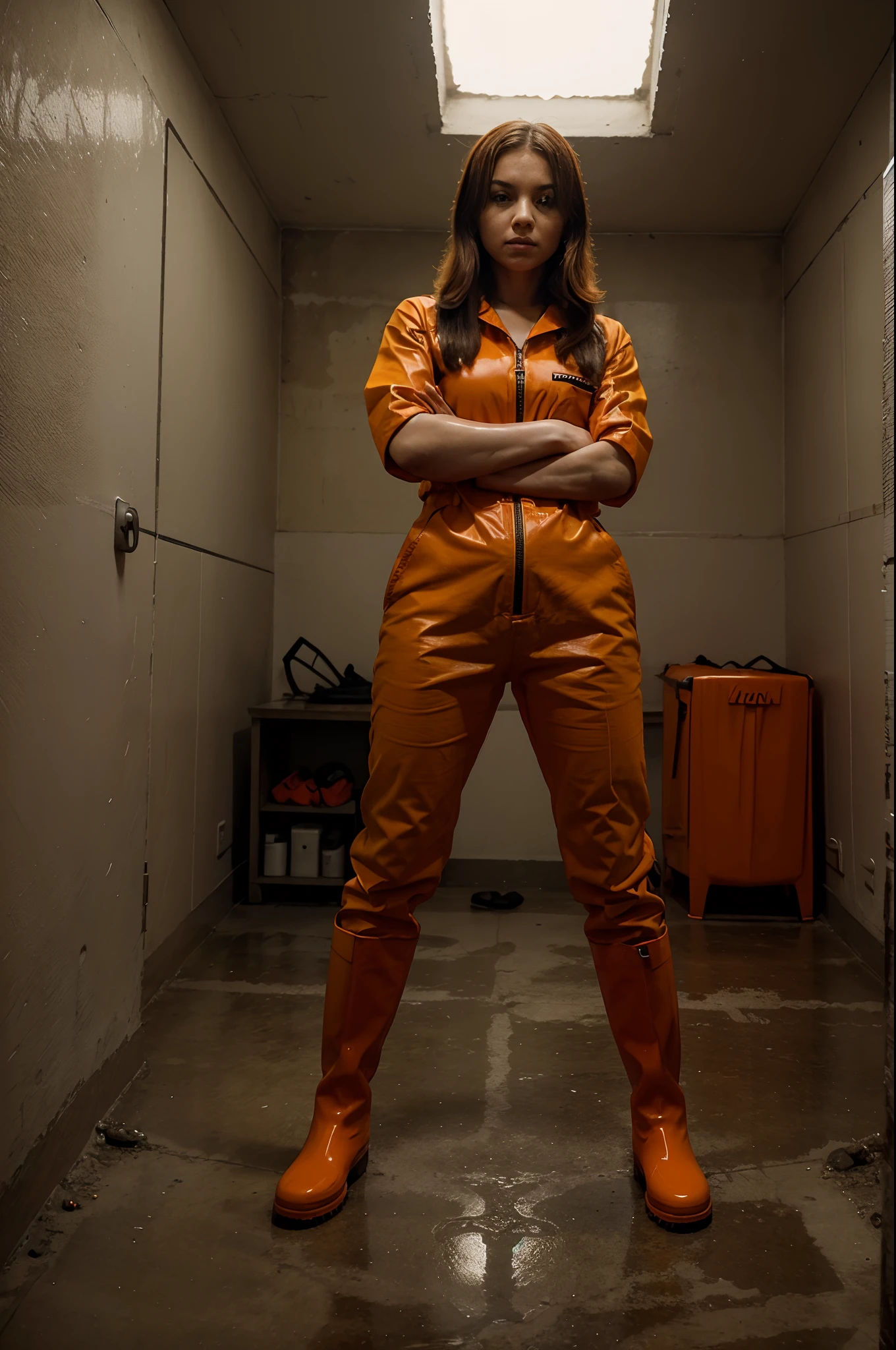 a girl in a prison cell, with her arms crossed, wearing an orange prison jumpsuit and black Hunter rubber boots