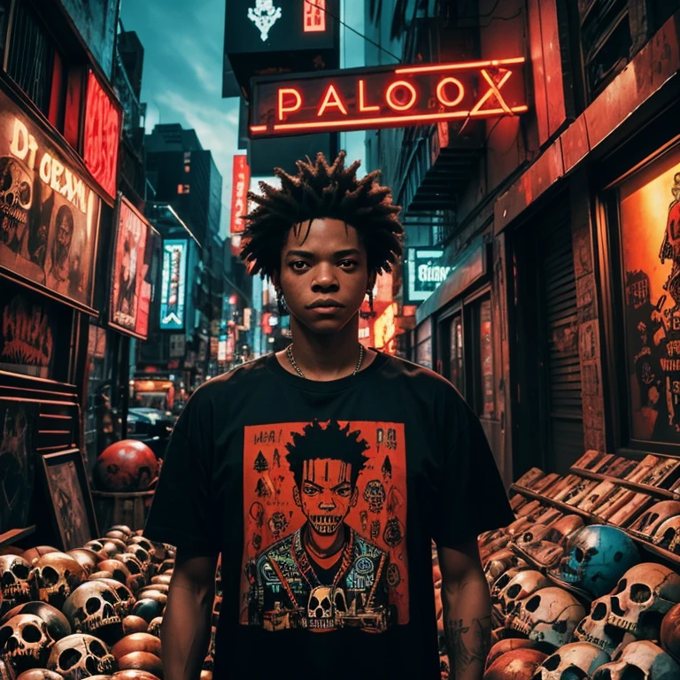 In this fantastical world of BASQUIAT, the city is alive with vibrant reds and pulsing energy. The artist stands at the center, surrounded by SKULLS that seem to come to life in his presence. His black t-shirt is a stark contrast to the colorful chaos around him.