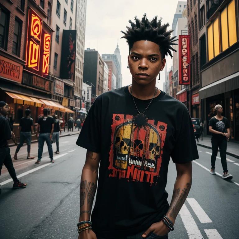 In this fantastical world of BASQUIAT, the city is alive with vibrant reds and pulsing energy. The artist stands at the center, surrounded by SKULLS that seem to come to life in his presence. His black t-shirt is a stark contrast to the colorful chaos around him.