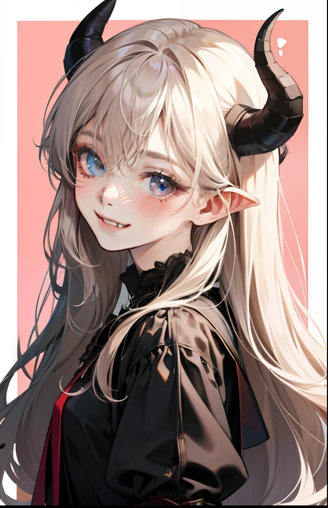 girl with、Background white、without background、A dark-haired、The long-haired、with blush cheeks、Horns、winged、Diabolical、Small devil、frilld、Smiling、kawaii、without background