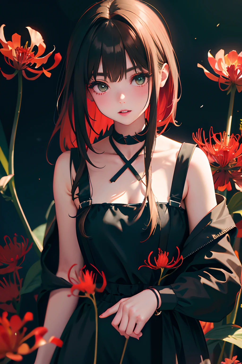 (Fine, beautiful eyes and detailed face)、cinematlic lighting、bustshot、Highly detailed CG Unity 8K wallpaper、(top-quality、hight resolution、8K、​masterpiece:1.2)。Curvaceous but slender、Muchimuchi Body、Red Spider Lily Field、Red modal lilies are blooming all around、Red Spider Lily、Grinning Woman、Red spider lily sits in the middle of blooming。With a somewhat horror look、Eight teeth are characteristic。Wear bloody clothes、Has an ax。Crazy looks and the gap between her and Red Spider Lily、Further enhance her beauty。Half-garment hoodie、accessorized、Mole、eyebrows、double tooth、canine teeth、poneyTail、Muscular nose、Clear, Detailed green eyes、blondehair、Hats、校服、red blush、short-haired、a choker、fleshy lips、Physical beauty、well-muscled、Raise headband bangs、Oforehead、Mysterious fashion、Street fashion、Anime style、animesque、Oversized trousers、Unreal、Fashion based on green and black、Backgrounds with depth、The background is a field of bright red lilies、10,000 Red Spider Lily。a necklace、Bracelets、Misanga、arm band、colorful backdrop、Light and Wall Co-star、Little black cat clinging to his shoulder、Original face、(dark themed:1.3)、Dark Fantasy、Long Black Hair、