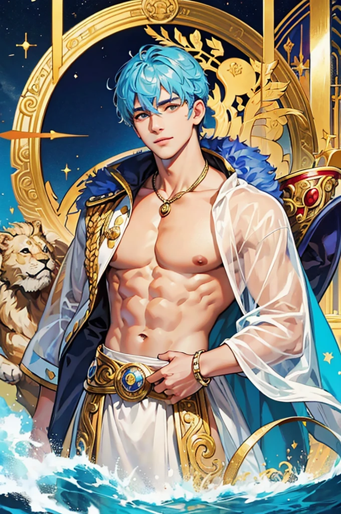 A muscular Korean man is in a wonderland, 20yo, Lleva un rico blanco como la nieve (capa de piel en hombros y espalda) con una pila muy larga, bajo el cual se ve su cuerpo extremadamente musculoso, The emphasis is on the male body. Sobre su cabeza hay un halo rodeado por una nube blanca y una luz sagrada dorada, (Its body is adorned with gold chains with precious stones, Anillos para los dedos), (A heavy belt with a band of gold underwear with sparkling gemstones). entrepierna voluptuosa. Tiene el pelo corto y negro con las sienes afeitadas y grandes ojos verdes expresivos. Un reloj marca a lo lejos. This scene looks like something out of the realm of fantasy or legend seen from above