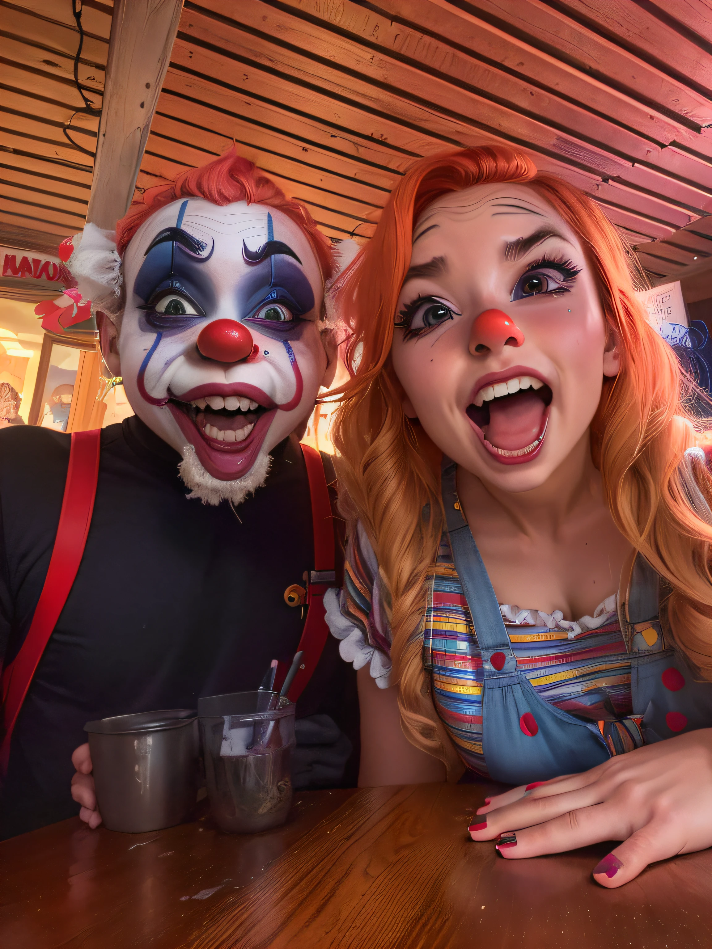 Man wearing clown costume and woman wearing and costumed Chucky turn this art with Disney strokes into a pixar art