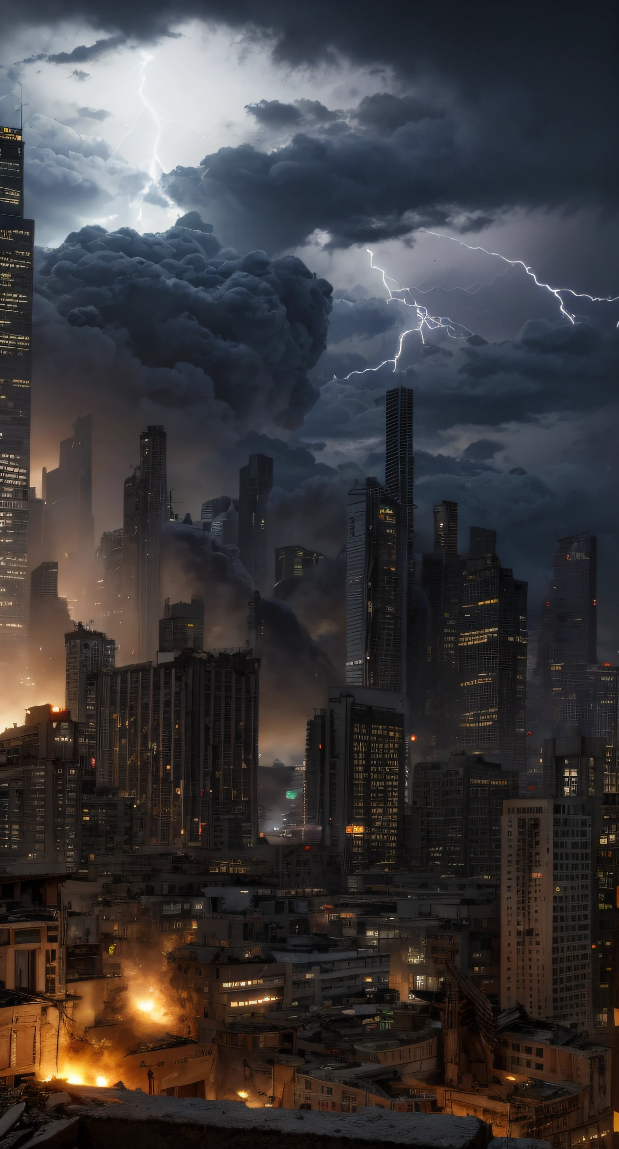 The Gods of storm invoking a cataclysm over the downtown landscape. Apocalypse, horror art, dramatic, evil inspiration, madness, digital painting, color drawing