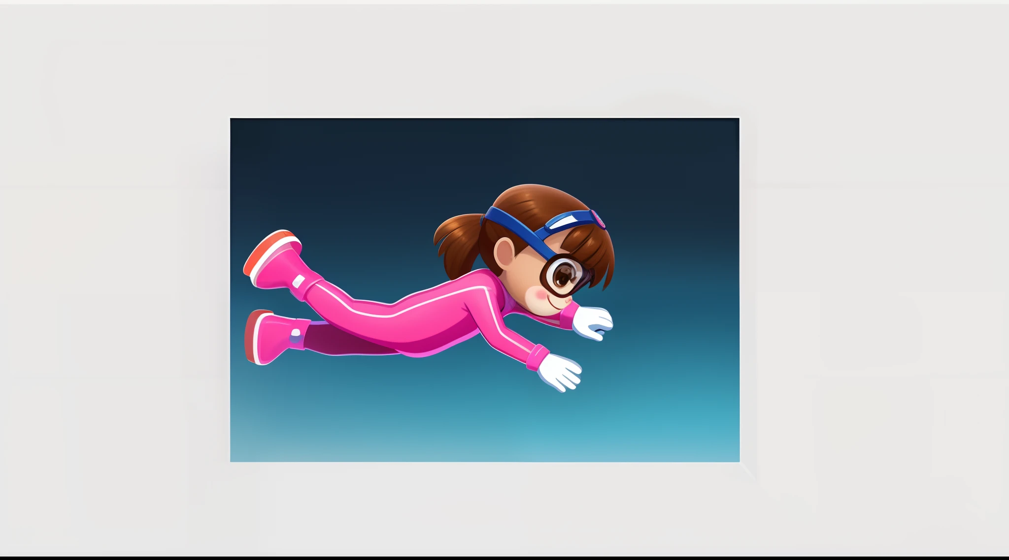 profile image, a single 5 girl diving, alone, happy, with brown hair, brown eyes, pink cheeks, pink wetsuit, white gloves, pink shoes, goggles, diving shoes, full body, white background, 2D style children's illustration .
