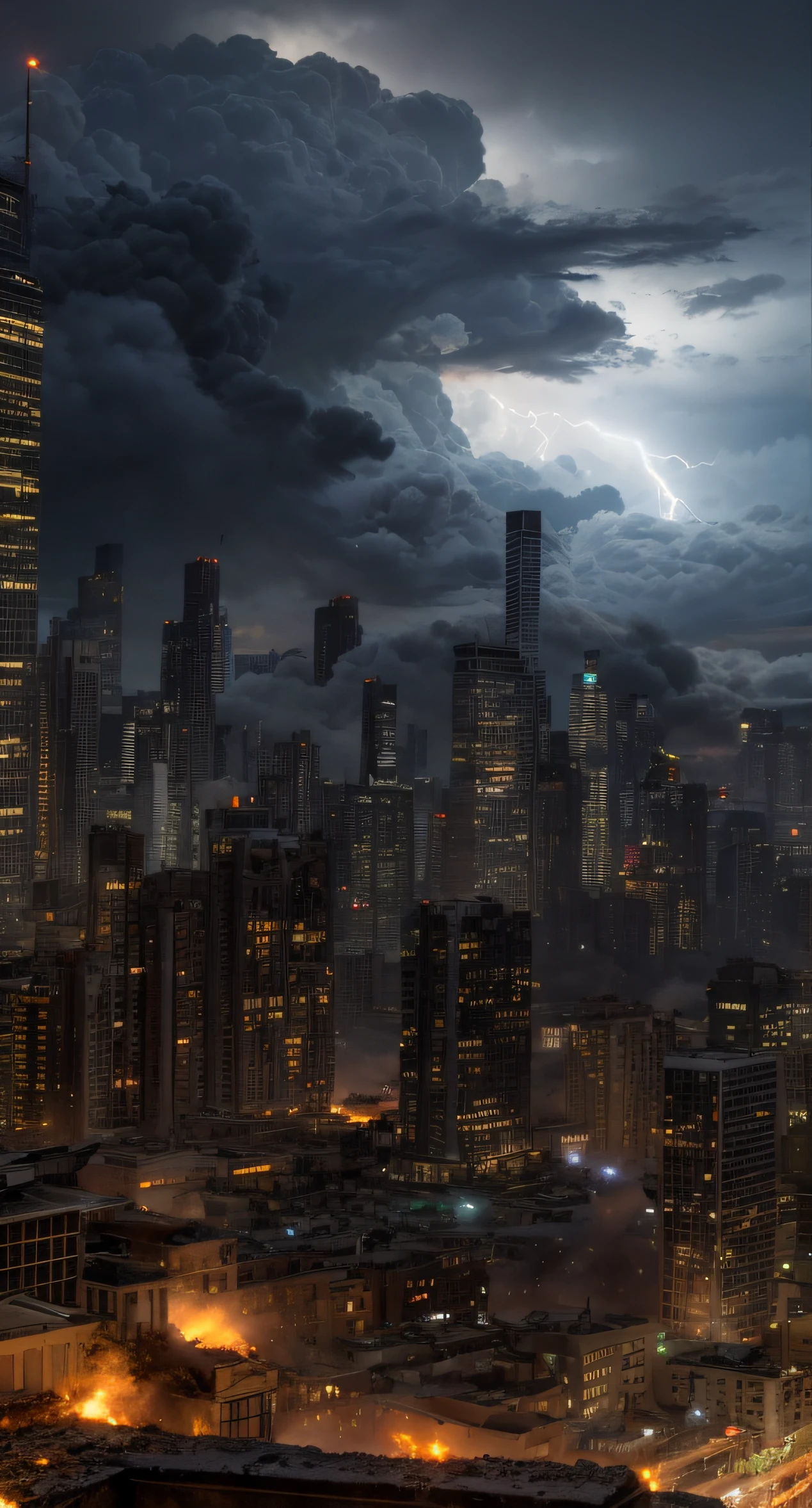 Post-war architecture,Ruined city in the distance,Dilapidated building,Dilapidated buildings,ruins of buildings,废墟,Waste soil style,Dilapidated ruins,Wilderness Road,Doomsday scenario,Lightning and thundering sky,dark night sky,salama,Dark clouds cover the sky,shallowdepthoffield,Background bokeh,The vista is blurred,largeaperture,focus blur,F2.8,unreal engine rendered,Realistic lighting,Unreal Engine5