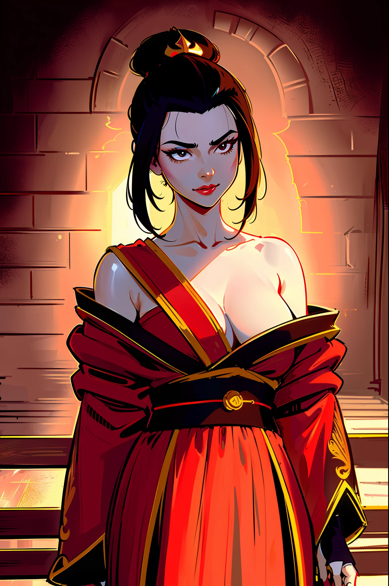 ultra-realistic 8k CG, masterpiece, ((ultra detailed background, fine drawing, intricate details, high detail, fine details of better quality, hyper-detailed face)), (photorealistic: 1.4), beautiful lighting, absurdity, RAW photo, film grain, Azula, 1girl, solo, black hair, brown eyes, makeup, lipstick, red lips, single tuft of hair, navel, side strands, hair decoration, ((medium breasts, slim girl, on the chest,  a lot of,, on the face)), ((unbuttoned kimono)), ((complex detailed background, inside, dim lighting, capricious lighting, inside the castle, castle wall, inside, medieval castle environment)), erotica