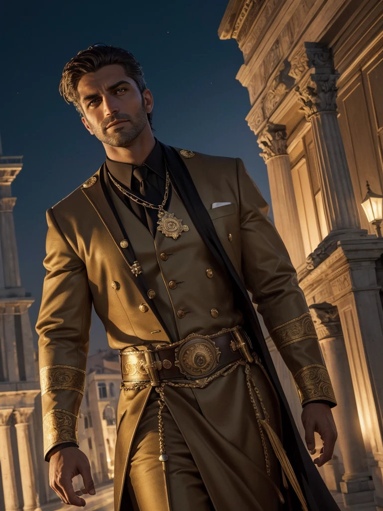 (best quality,4k,8k,highres,masterpiece:1.2),ultra-detailed,realistic:1.37,modern revival of the Roman Emperor Constantine the Great,lion-like eyes,bright and sharp eyes,deep smile,carrying dangerous ambition,bold composition,ruler's imposing presence,34 years old,mature,masculine,competent and hardworking,successful businessman,gentle and kind,usually gentle but capable of dealing with matters strictly when necessary,Venice night skyline in the background,summer,world of romance novels,elegant,luxurious,exquisite,high-class lighting effects.