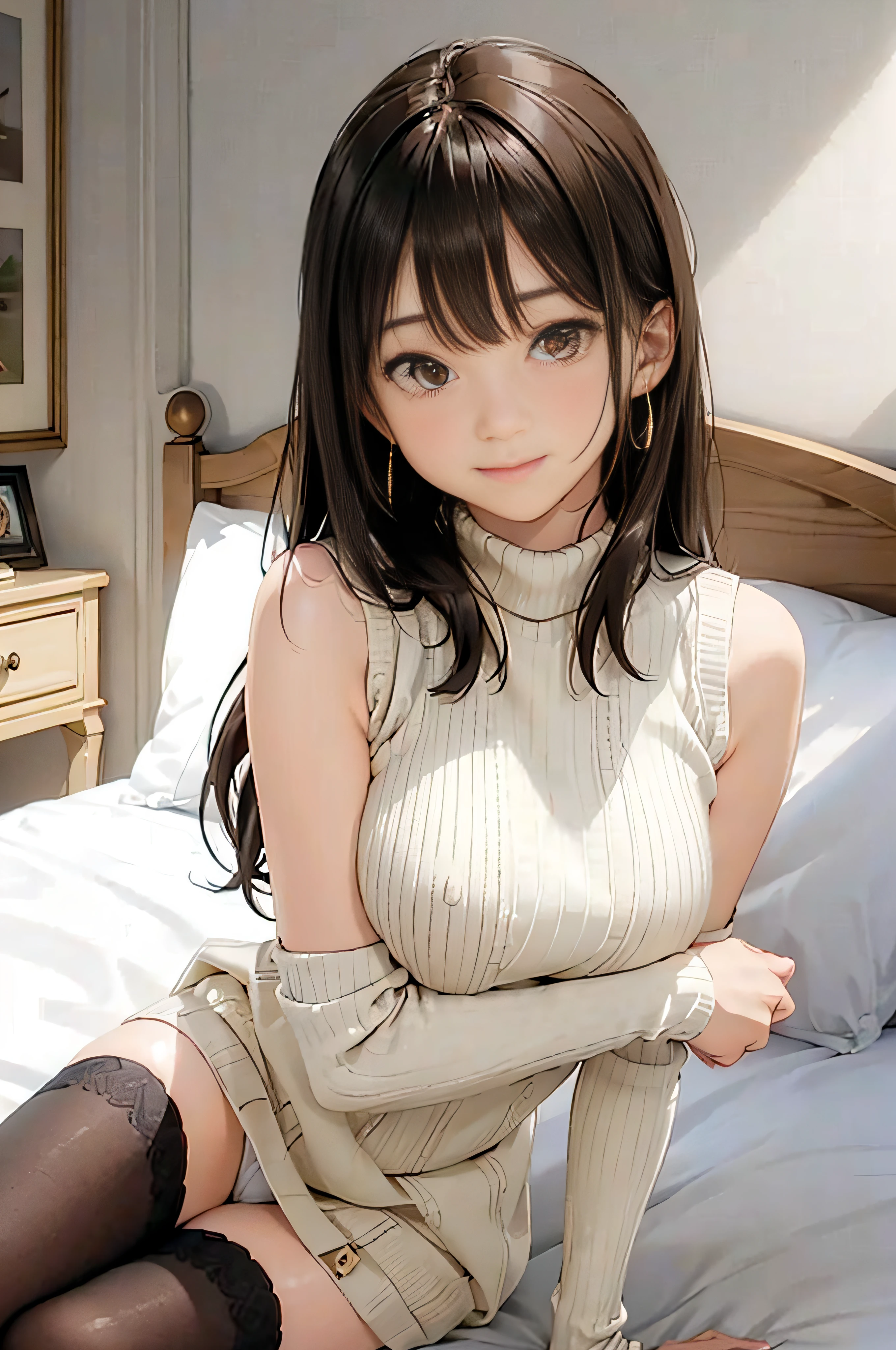 (Light Beige Turtleneck Sleeveless Knit、knee high stockings)、20 year old girl, breasts of medium size,, Puffy nipple、brown haired、Long Wave Hair、hotels room、((lying on the bed))、(((Pleasant look)))、(Head on pillow)、(Open your mouth slightly)、No skirt、White lace panty necklace、Earring、 (Very detailed), Shy smile、(Kamimei)、(Perfectly detailed face)、full body seen、(Hide your chest with your hands)、(opens legs)