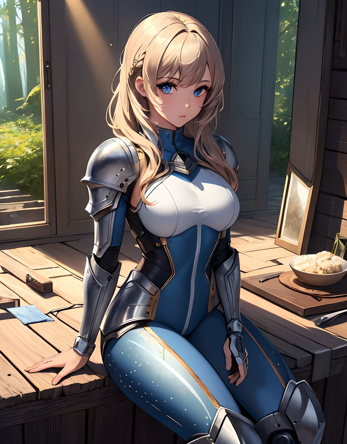 (((masterpiece))), (((best quality))), ((ultra-detailed)), (cinematic lighting), (illustration), (beautiful detailed eyes), (1girl), full body, space, knight, armour, light hair, sitting on robot horse, jumpsuit, forest,