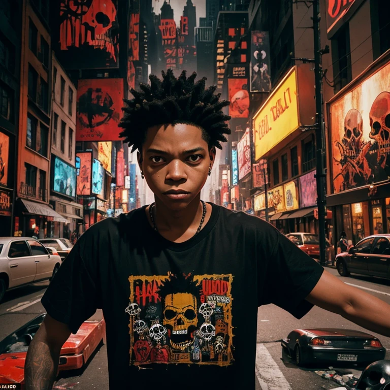 In this fantastical world of BASQUIAT, the city is alive with vibrant reds and pulsing energy. The artist stands at the center, surrounded by SKULLS that seem to come to life in his presence. His black t-shirt is a stark contrast to the colorful chaos around him.