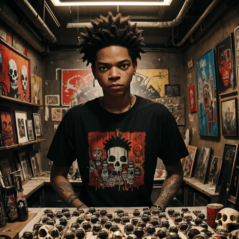 In this fantastical world of BASQUIAT, the city is alive with vibrant reds and pulsing energy. The artist stands at the center, surrounded by SKULLS that seem to come to life in his presence. His black t-shirt is a stark contrast to the colorful chaos around him.