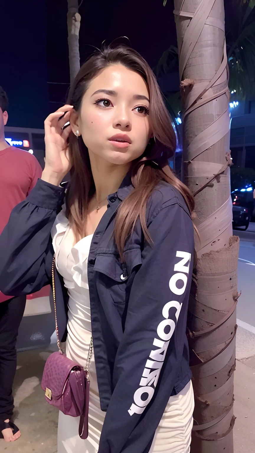 woman in white dress talking on cell phone next to palm tree, candid picture, candid photo, casual pose, candid shot, candid!! dark background, with a cool pose, with accurate face, she has a distant expression, at night time, she has a cute face, cool pose, intense expression, photoshoot, shocked look, candid photograph, looking confused