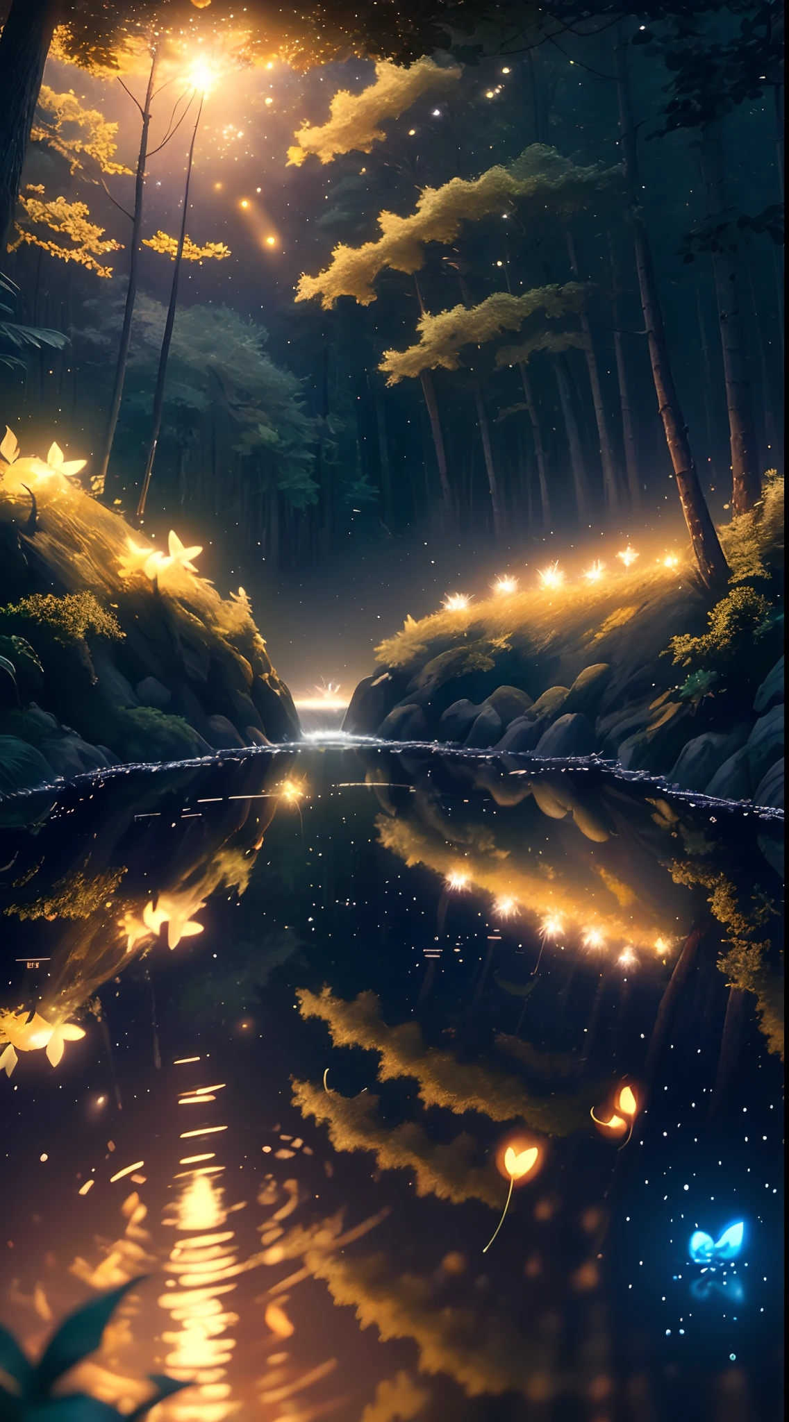 Masterpiece, best quality, (very detailed CG unity 8k wallpaper), (best quality), (best illustration), (best shadows), glow sprite, with a glowing deer, in the swimming pool Drinking water, natural elements in the forest theme. Mysterious forest, beautiful forest, nature, surrounded by flowers, delicate leaves and branches surrounded by fireflies (natural elements), (jungle theme), (leaves), (twigs), (fireflies), (particle effects) etc. 3D , Octane rendering, ray tracing, super detailed, early morning sunrise