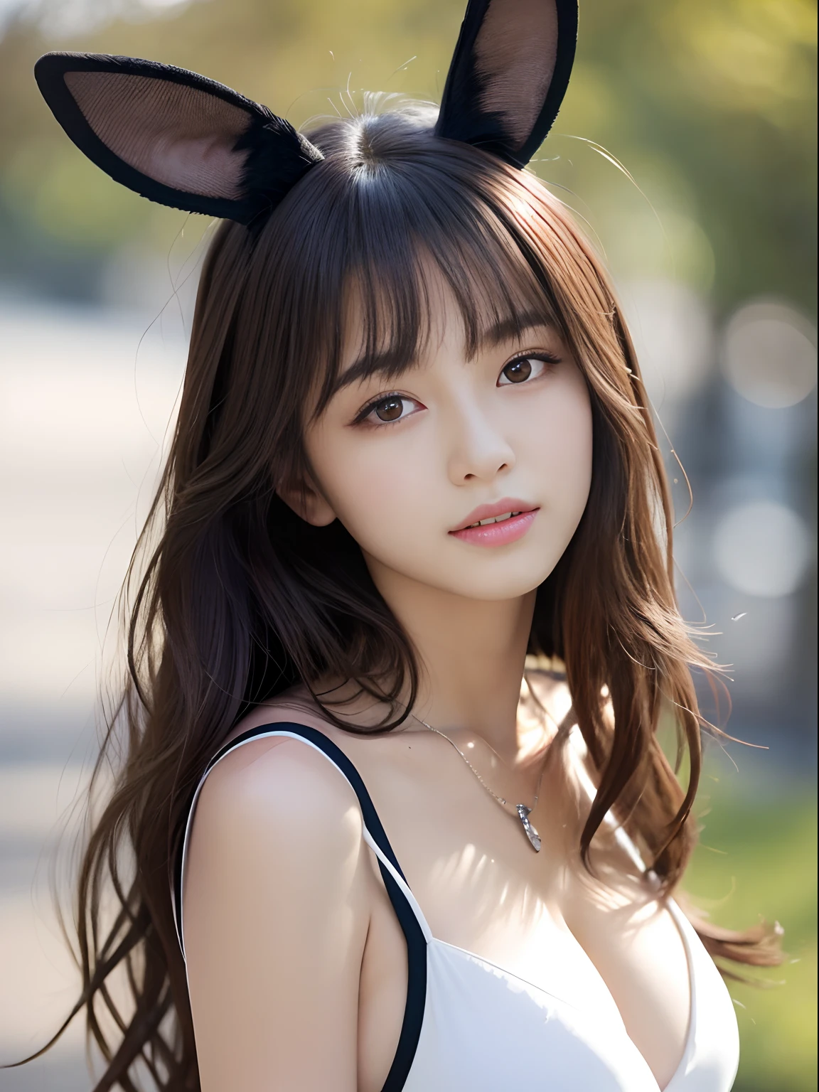 best qualtiy,超A high resolution,RAW photogr,1girl in,Loose perm hair、dark brown hair、japanes、Loose perm hair、smil、professional photograpy、Same skin type as humans、Female proofreading of Japan from head to foot、Blur the background、Draws faithfully to anatomy、Very detailed and beautiful、Ultra-high image quality、Hair swaying and sexy、Very detailed beautiful girl、Hair to the shoulders、耳环、a necklace、diagonal bangs, playboy bunny,