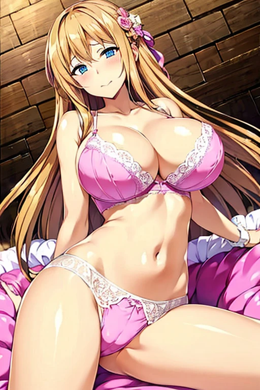 Top image quality、hightquality、very large udder、Too big、Underwear、Lace bra with pink ruffles、Pink bra shoulder straps、Pink lace panties、Pink garter stockings、Large, pretty nipples、Beautiful areola、beauty legs、natta、a room、blushed face、Moist eyes、Seduce a man、sexy pose、Bewitching mouth、