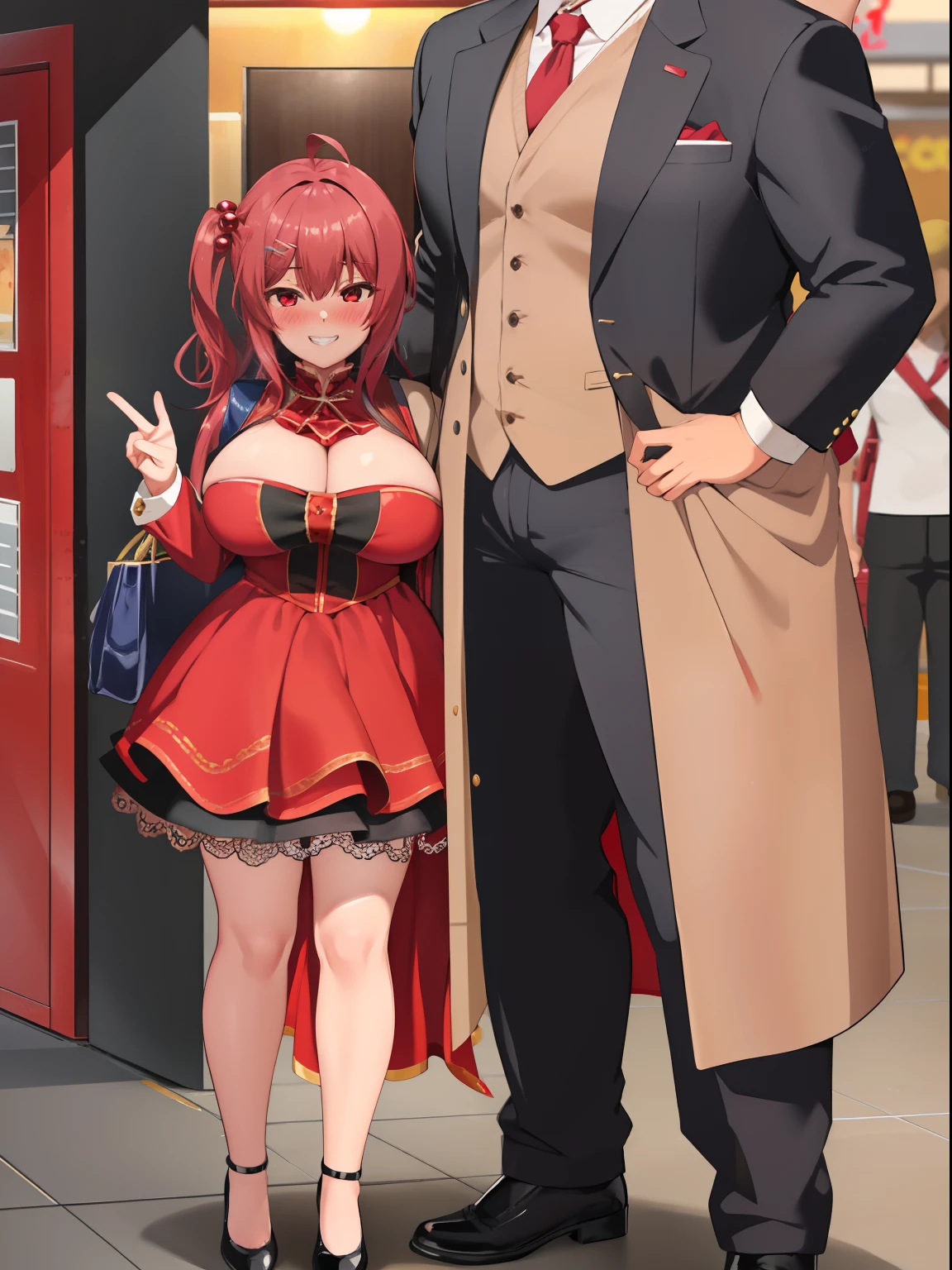 large breasts, (size difference, faceless male standing behind), 1girl, full body, hair ornament, bag, hair bobbles, smile, blush, grin, hairclip, hand on another's head,red eyes,
