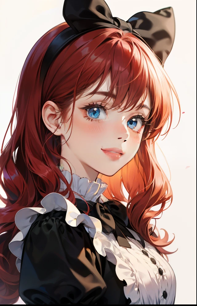 girl with、Background white、without background、Red-haired、The long-haired、Curly hair、Curly hair、Contrasting bangs、onepiece、frilld、bow ribbon、lolita fashion、with blush cheeks、Smiling、kawaii、without background