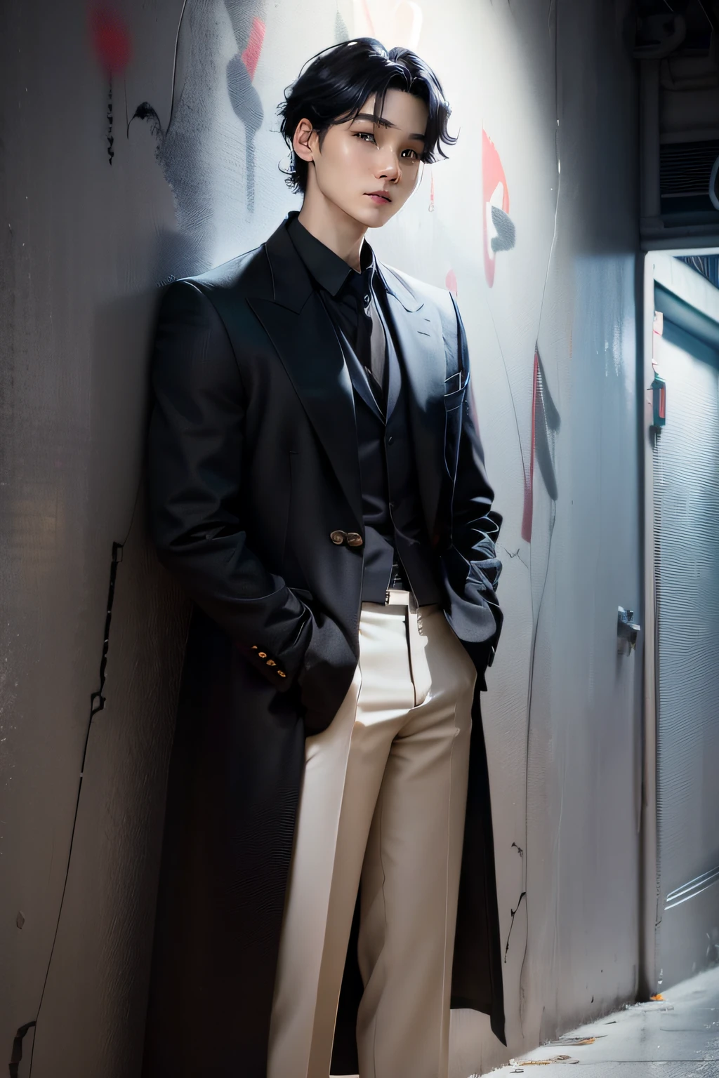 (((Suga))) a handsome guy, smile, wearing a black plain loose long coat, modern black outfit, very handsome, standing pose, detailed face, detailed masculine body, (reality: 1.4), (A hyper-realistic), (high resolution), (8K), (highly detailed), ( Best Illustration), (eyes detailed), (ultra-detailliert), Bright lighting, Professional Lighting, The background is dirty wall with graffiti., floating lighting around.,