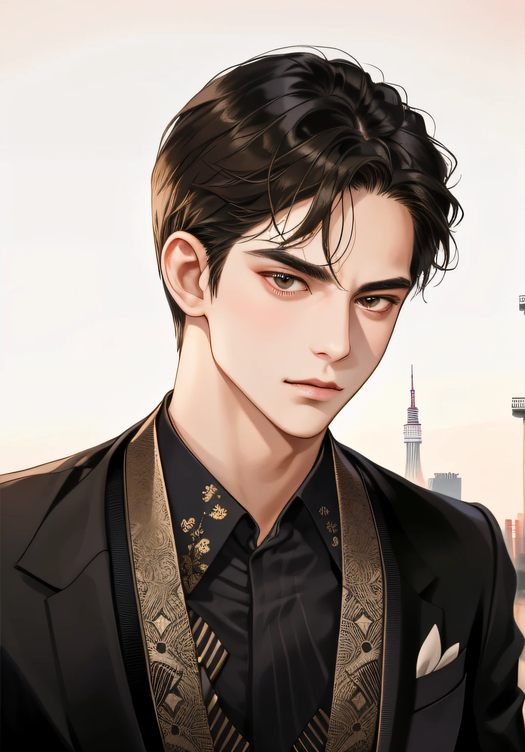 Super delicate、masuter piece、Semireality、matured male、A very attractive man about 35 years old、Mafioso、Quiet and mysterious atmosphere、Short black hair flowed back、Long body、Wear a custom-made three-piece suit、No tie、Beardless、hyperdetailed face、Light brown eyes、wears glasses、Serious face、Rooftop Lounge、Watching Tokyo at night、You can see Tokyo Tower in the distance、Cinematic atmosphere、bustup、