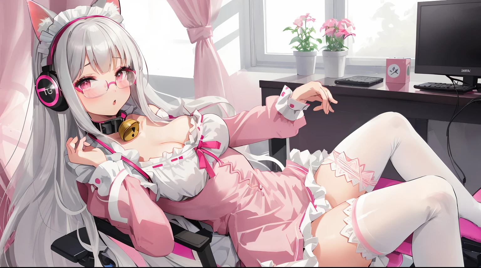 A girl with pink ears, a cat tail, Glasses, Long gray hair, Bell collar, Collar chain，Collar chain，Pink maid outfit, white stockings，white stockings，white stockings，The kinky is exposed ，The kinky is exposed，The kinky is exposed，Ah hey Yan，Two-dimensional girl，Reddening cheeks，Sit in a gaming chair，Holding Erlang's legs，In front of the girl was a computer and a pink table，Teenage girl wearing headphones