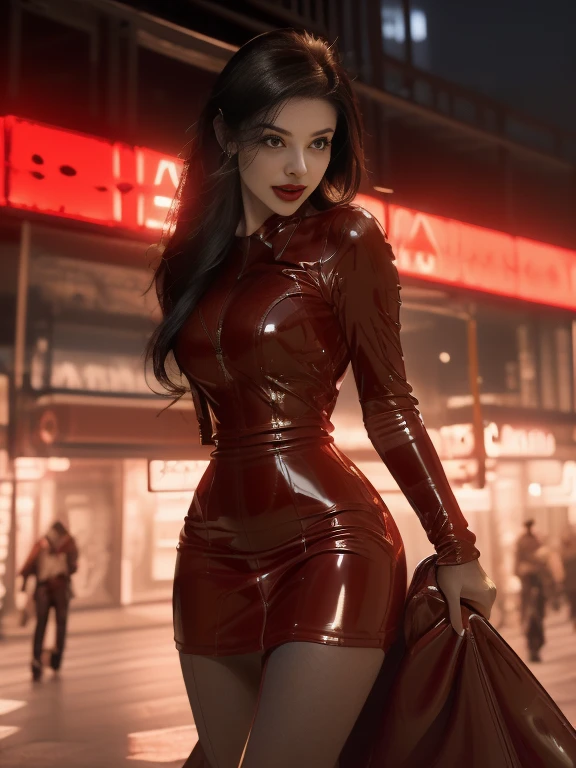 araffe in a red latex outfit walking down a street, a portrait by Eve Ryder, reddit, fantastic realism, latex dress, latex outfits, succubus in tight short dress, latex shiny, red hot, very sexy devil outfit, latex, wearing latex, sexy red dress, metallic red, rubber and latex, all red, sexy dress, latex domme