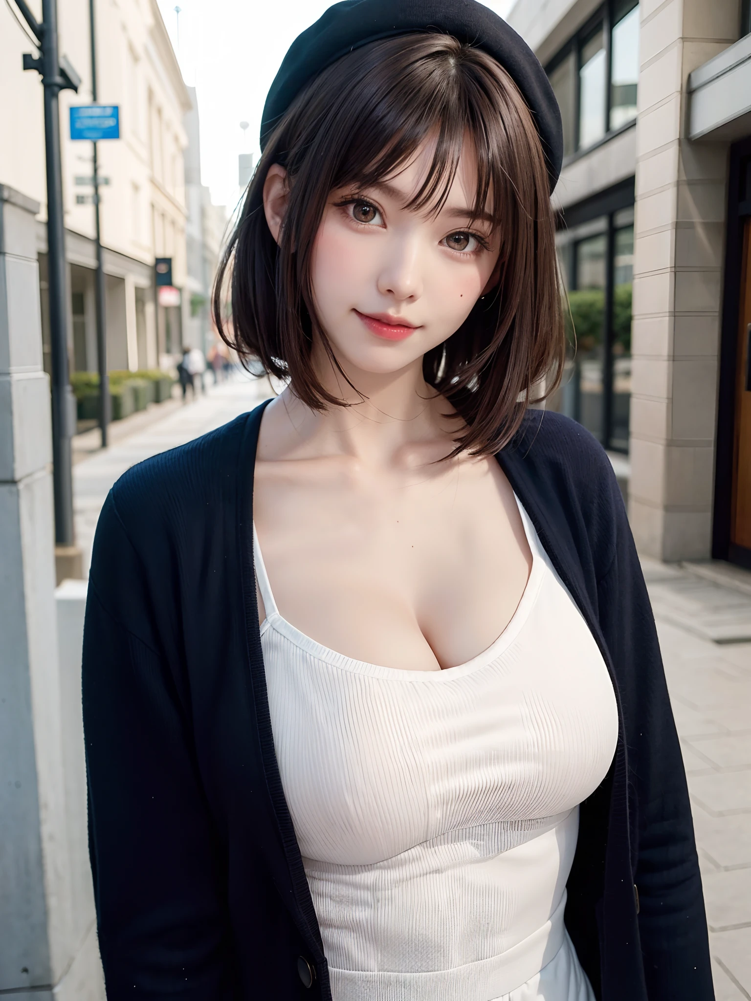 (Face Focus、Very eye focus、Head tilt、Very chest focus、underboob、mid-riff peak、hyper realisitic、Photorealistic、masutepiece:1.4, top-quality:1.4、Add intense highlights to the eyes:1.4、Shiny brunette short bob hair:1.4 ),1girl in, 独奏, short dark hair, scarf, Hats,, realisitic, looking at the viewers, brown eyes of light color、 coat, Winter clothes, White headscarf, s lips, lipgloss:1.4,bangss,a closed mouth, The upper part of the body、big eye、Lashes、((Street))、((Shorthair with bangs:1.4、big eye、Put very strong highlights in your students、{Gigantic|Big|Huge|Mega} breasts, cleavage、very Bigger breasts、gazing at viewer、Very beautiful beauty、Put your ears out、long neck、little smiling、Close your mouth and smile)))、Beautiful adult woman full of charm:1.4、(Autumn leaves are blue without people or cars々tree-lined street)