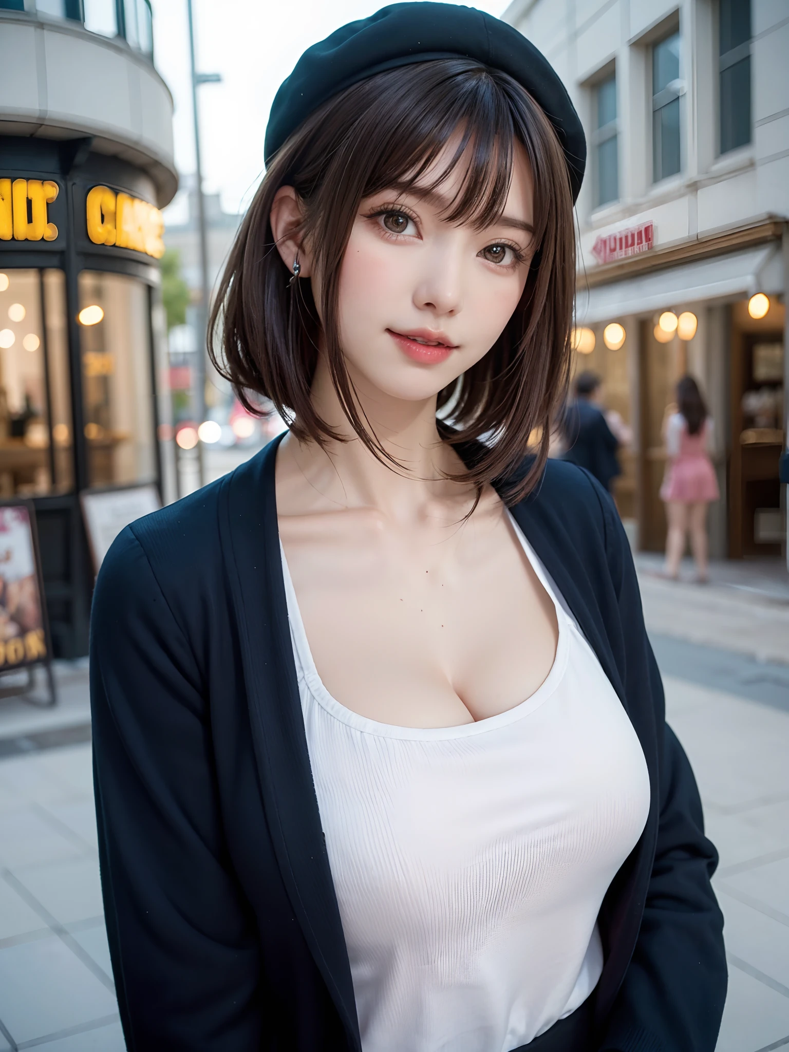 (masutepiece, top-quality、The ultra -The high-definition、Very attractive adult beauty、Add intense highlights to the eyes、Look firmly at the camera:1.4、Absolutely beautiful bangs:1.4、Brunette short bob hair with bangs:1.4),1girl in, 独奏, A dark-haired, scarf, Hats,, realisitic, looking at the viewers, black eyes of light color, shorth hair, coat, Winter clothes, White headscarf, s lips, lipgloss，bangss, The upper part of the body、big eye、Lashes)、((Road system in Italy、Hyperreal Stick:1.4))、((Shorthair with bangs:1.4、Beautiful bangs with 46 points:1.4、{Gigantic|Big|Huge|Mega} breasts, cleavage、big eye、Put very strong highlights in your students、very Bigger breasts、gazing at viewer、Very beautiful beauty、Put your ears out、long neck、little smiling、Beautiful teeth、Open your mouth and smile))、28 year old、Very cute supermodel