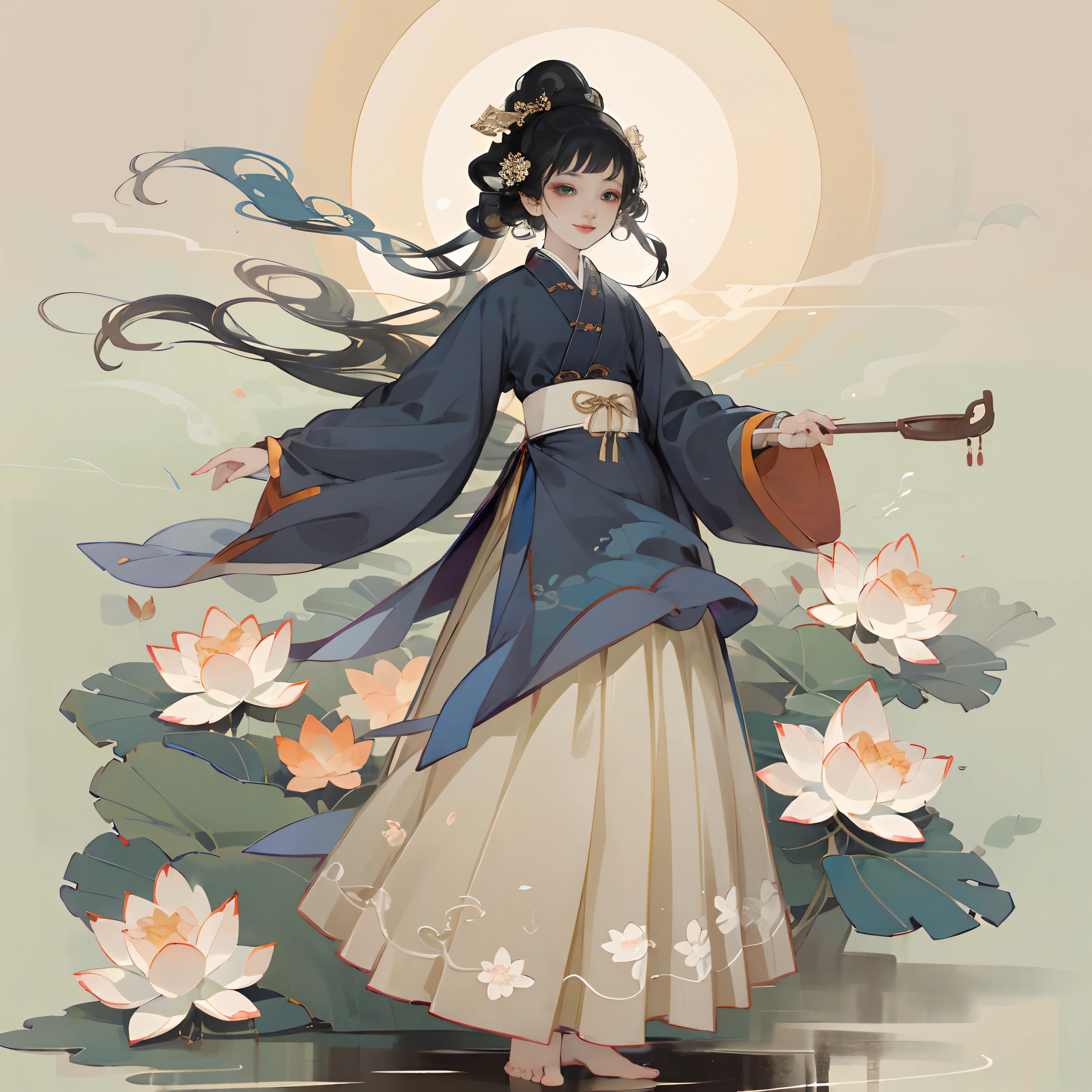 ((4k,masterpiece,best quality)), shuimobysim, Traditional chinese painting, lotuses, Hanfu, maxiskit, Dress conservatively 1girl, solo, blue long hair, ssmile, standing on your feet, Feet in the water, The barefoot,The costume has lotus elements，Hand holding lotus leaf，The skirt is embellished