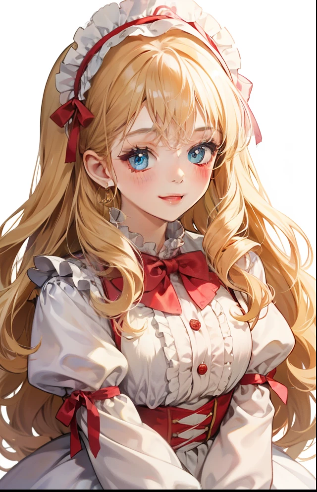 girl with、Background white、without background、a blond、The long-haired、Curly hair、Curly hair、Contrasting bangs、Onepiece、frilld、bow ribbon、Lolita Fashion、with blush cheeks、Smiling、kawaii、without background