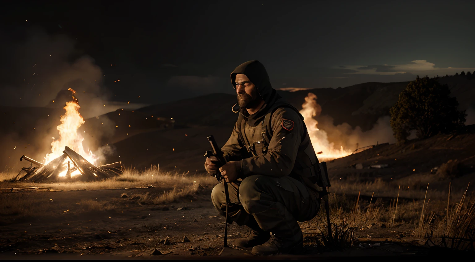 dayz ,arma reforger , pintura digital altamente detalhada de um soldado cansado olhando um celeiro grande pegando fogo,em chamas .