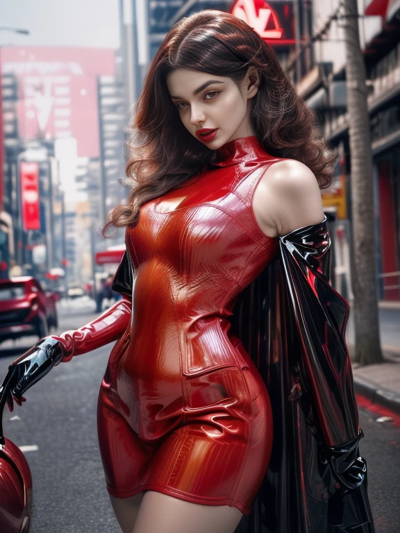 araffe in a red latex outfit walking down a street, a portrait by Eve Ryder, reddit, fantastic realism, latex dress, latex outfits, succubus in tight short dress, latex shiny, red hot, very sexy devil outfit, latex, wearing latex, sexy red dress, metallic red, rubber and latex, all red, sexy dress, latex domme