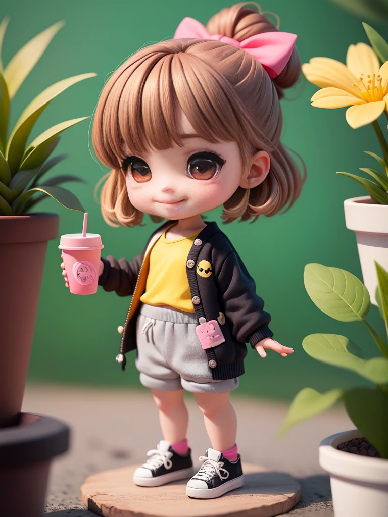 (masterpiece)、(top-quality)、(ultra-detailliert)、(full body Esbian:1.2)、Chibi Chara、Glitter Shop、Outstanding smile、a Dog、Miniature Schnauzer、Multicolored potted plants、Black cardigan、Yellow thick bandana、Yellow Ribbon、Pink T-shirt、Gray sweatpants、High-cut sneakers、:3、Blurring、brown haired、With bangs、Hairstyle tied in a bun、tiny chest、(beautifull detailed face)、(beatiful detailed eyes)、