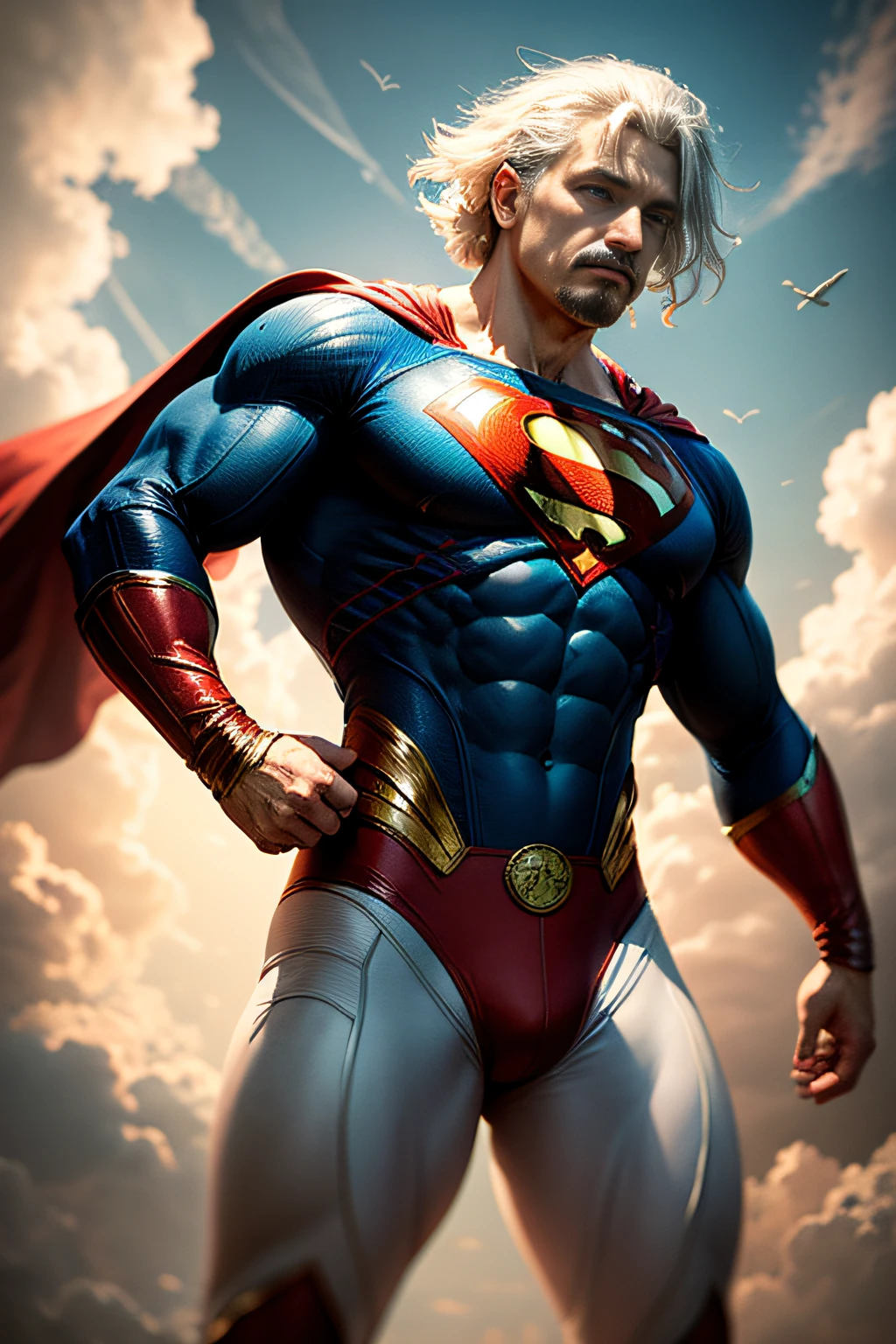 image of male Albert Einstein dressed as a Superman outfit, detailed muscle, flying in the sky