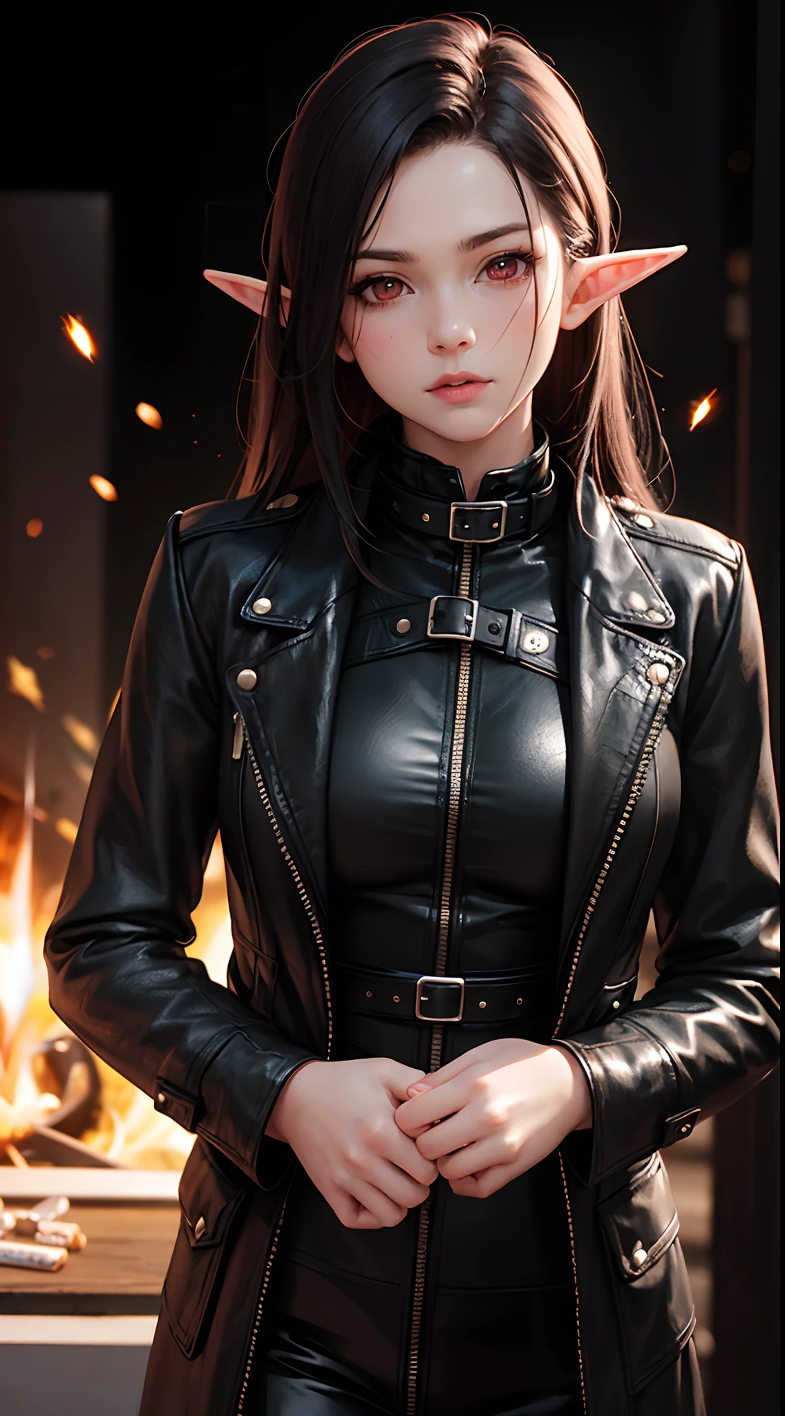 RAW, professional photograph, movie photograph, medium shot, Female elf, twenty years old, black background, colorful sparks, leather overcoat, black overcoat, gothic style, athletic body, soft facial features, long hair, straight hair, black hair, red eyes, realism, hyperrealism, ray tracing, high details, super detail, UHD, 8k,